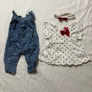 BUNDLE Girls 3 Month Denim One Piece Romper Heart Shirt With Matching Headband